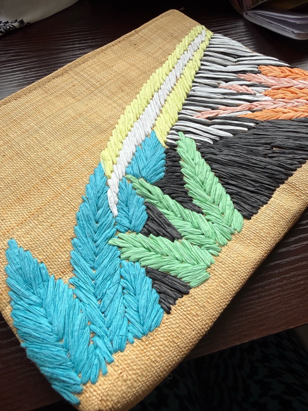 ▪️ Tabitha Brown • Handwoven Raffia Clutch with Turquoise & Mint Leaf Embroidery